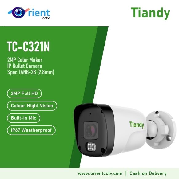 Tiandy TC-C321N 1ANB-28 2MP Color Maker IP Bullet Camera | 2.8mm, White Light + 30m IR, Built-in Mic, IP67