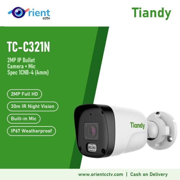 Tiandy TC-C321N 1CNB-4 2MP IP Bullet Camera with Mic | 4mm, 30m IR Night Vision, IP67, H.265 Tiandy TC-C321N 1CNB-4 2MP IP Bullet Camera with Mic | 4mm, 30m IR Night Vision, IP67, H.265