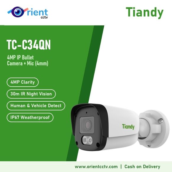 Tiandy TC-C34QN 4MP IP Bullet Camera with Mic | 4mm, 30m IR Night Vision, Human & Vehicle Detection, IP67