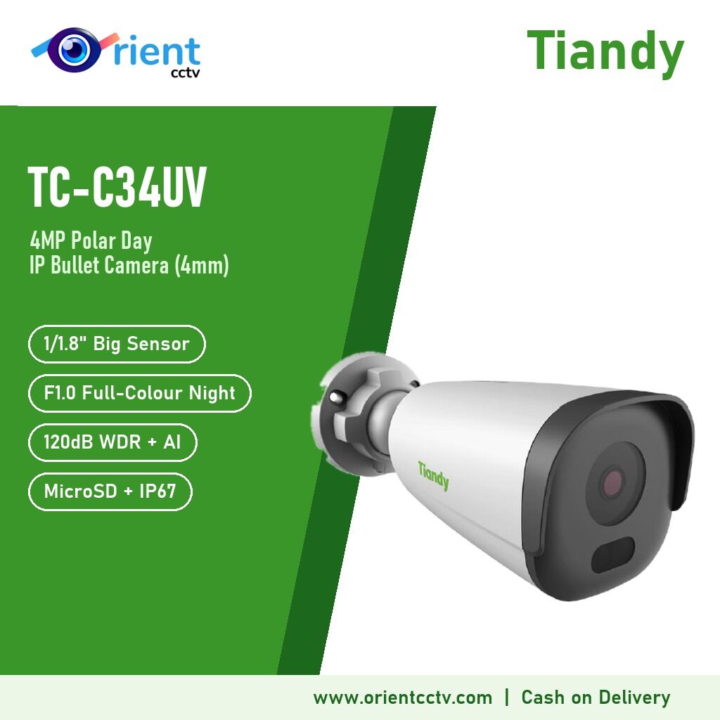 Tiandy TC-C34UV 4MP Polar Day IP Bullet Camera | 4mm F1.0, 1/1.8" Sensor, 120dB WDR, Human/Vehicle AI, MicroSD, IP67