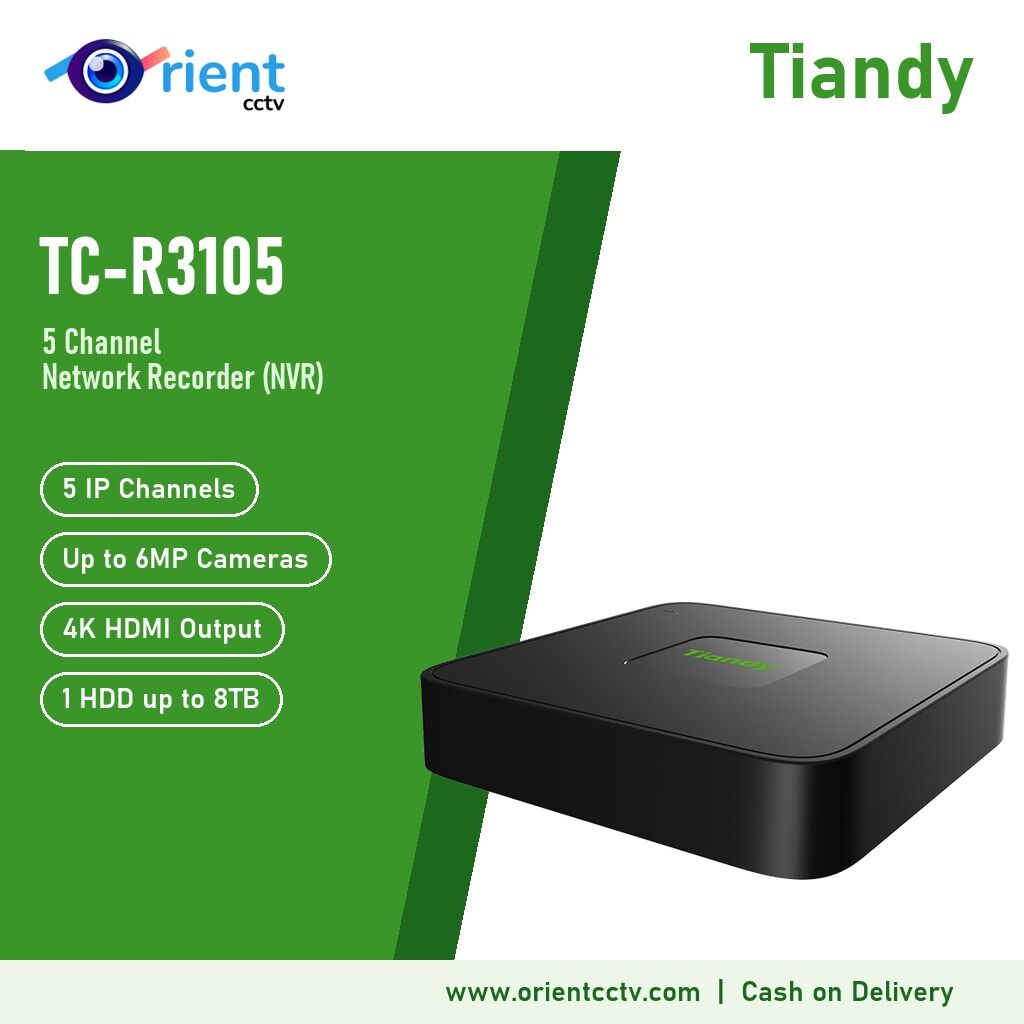 Tiandy TC-R3105 5 Channel NVR | Up to 6MP Cameras, 4K HDMI + VGA, 1 HDD up to 8TB, H.265