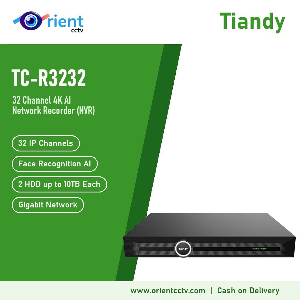 Tiandy TC-R3232 4HA 32 Channel 4K AI NVR | Face Recognition, Up to 16MP Cameras, 160Mbps, 2 HDD up to 10TB Each, Gigabit