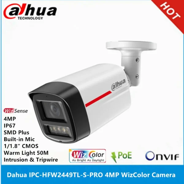 Dahua IPC-HFW2449TL-S-PRO 1/1.8" CMOS 4MP Built-in MIC IP67 24 hours full color POE SMD Plus Bullet WizSense ip Camera