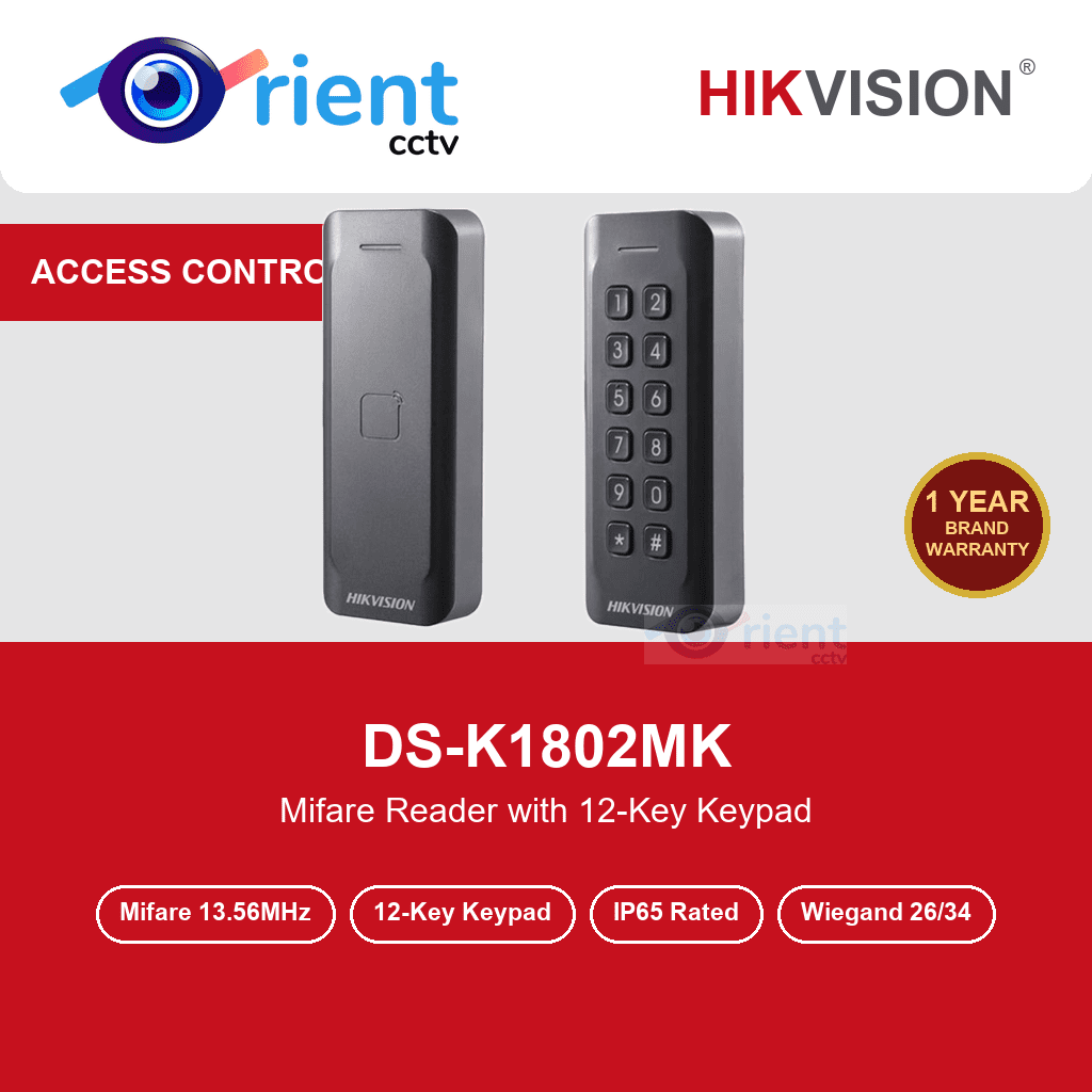 HIKVISION DS-K1802MK Mifare Card Reader with Keypad | 13.56MHz | Wiegand 26/34 | IP65 Weatherproof HIKVISION DS-K1802MK Mifare Card Reader with Keypad | 13.56MHz | Wiegand 26/34 | IP65 Weatherproof