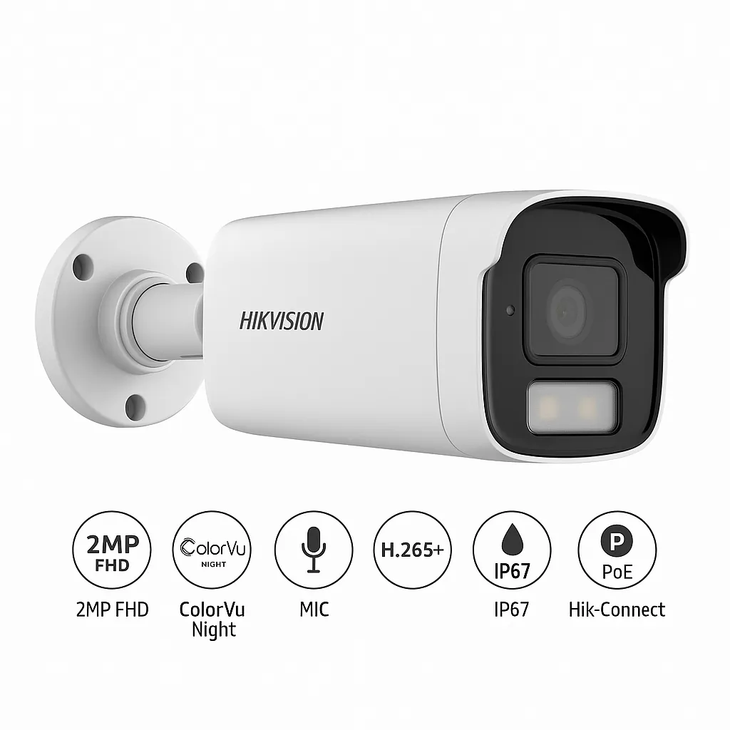hikvision_main_image Hikvision DS-2CD1T23G2-LIU 2MP ColorVu Bullet IP Camera with Built-in Mic – H.265+, IP67, Night Color, Pakistan - Image 1