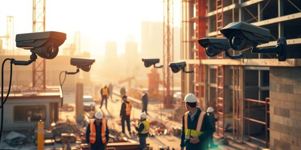 Multiple security cameras monitoring a busy construction site with workers in safety gear at sunset.