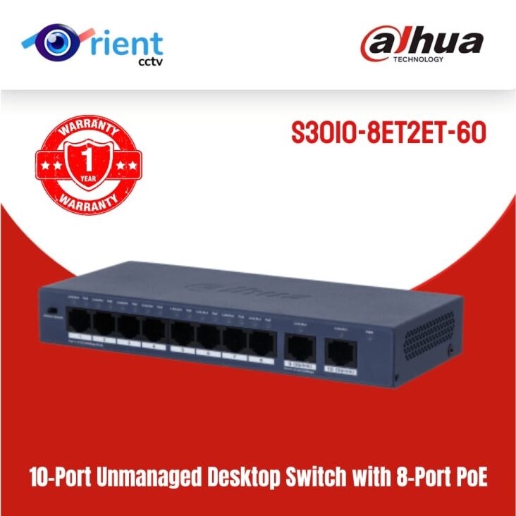 dh-S3006-4ET-36 (3) Dahua S3010-8ET2ET-60 PoE Network Switch with 8 PoE Ports & 2 Uplink Ports 60 watt power budget - Image 1