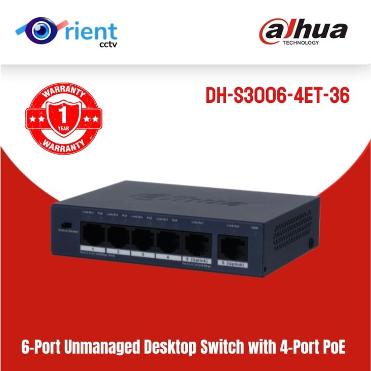 dh-S3006-4ET-36 Dahua S3006-4ET-36 6-Port PoE Netwrok Switch with 4 PoE Ports & 2 Uplink Ports - Image 1
