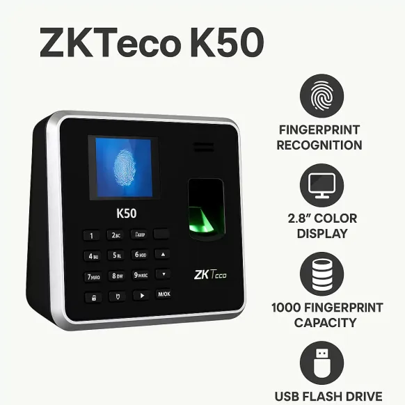 ZKTeco K50 Biometric Time Attendance & Access Control Machine – USB Backup, Fingerprint & PIN Support – Ideal for Offices & Shops in Pakistan - Image 1