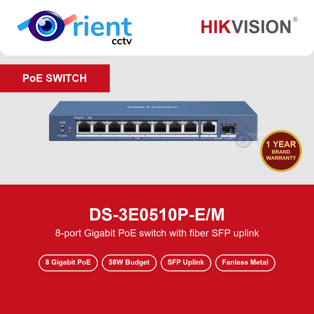 HIKVISION DS-3E0510P-E/M 8 Port Gigabit Unmanaged PoE Switch | 1 Gigabit Uplink + 1 SFP | 58W PoE Budget | Fanless HIKVISION DS-3E0510P-E/M 8 Port Gigabit Unmanaged PoE Switch | 1 Gigabit Uplink + 1 SFP | 58W PoE Budget | Fanless
