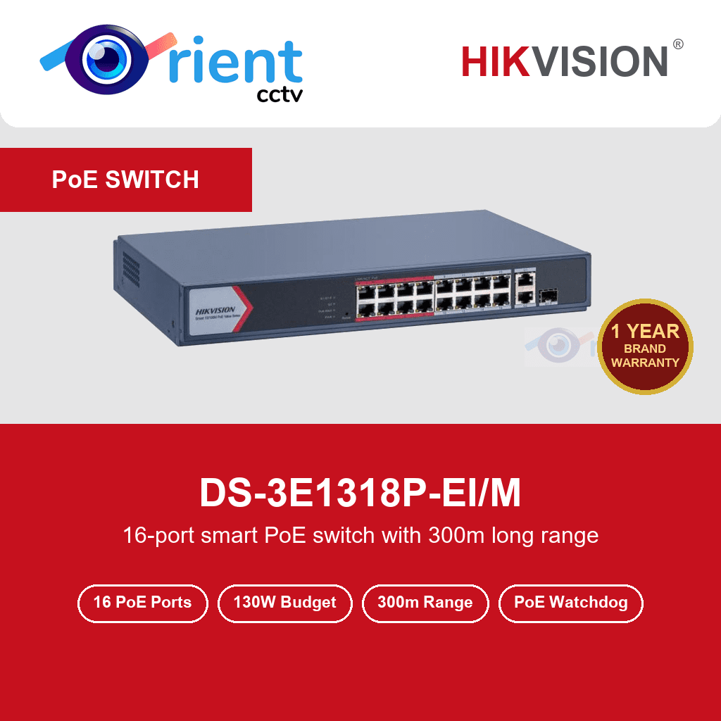 HIKVISION DS-3E1318P-EI/M 16 Port Fast Ethernet Smart PoE Switch | 1 Gigabit Uplink + 1 Gigabit Combo | 130W | 300m Extend Mode HIKVISION DS-3E1318P-EI/M 16 Port Fast Ethernet Smart PoE Switch | 1 Gigabit Uplink + 1 Gigabit Combo | 130W | 300m Extend Mode
