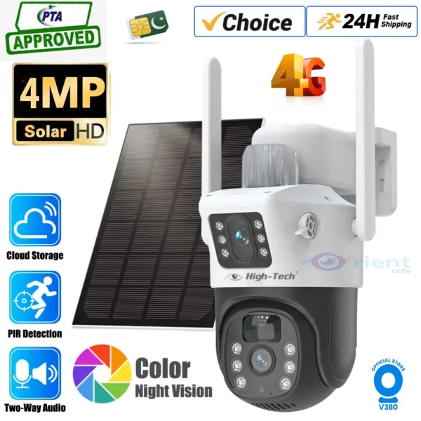 4G Camera SIM Card HIGH TECH 4MP IP Camera Outdoor 7.6W Solar Panel 10800mAh Battery Security PTZ CCTV Smart Monitor
