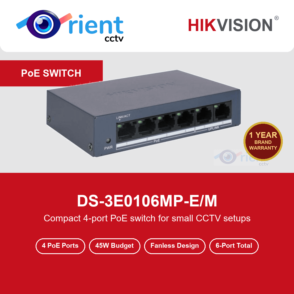 HIKVISION DS-3E0106MP-E/M 4 Port Fast Ethernet Unmanaged PoE Switch | 2 Uplink Ports | 45W PoE Budget | Fanless Metal Body HIKVISION DS-3E0106MP-E/M 4 Port Fast Ethernet Unmanaged PoE Switch | 2 Uplink Ports | 45W PoE Budget | Fanless Metal Body