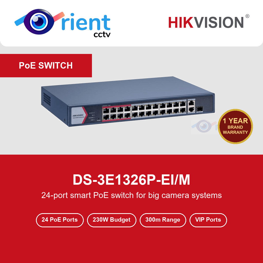 HIKVISION DS-3E1326P-EI/M 24 Port Fast Ethernet Smart PoE Switch | 1 Gigabit Uplink + 1 Gigabit Combo | 230W | 300m Extend Mode HIKVISION DS-3E1326P-EI/M 24 Port Fast Ethernet Smart PoE Switch | 1 Gigabit Uplink + 1 Gigabit Combo | 230W | 300m Extend Mode