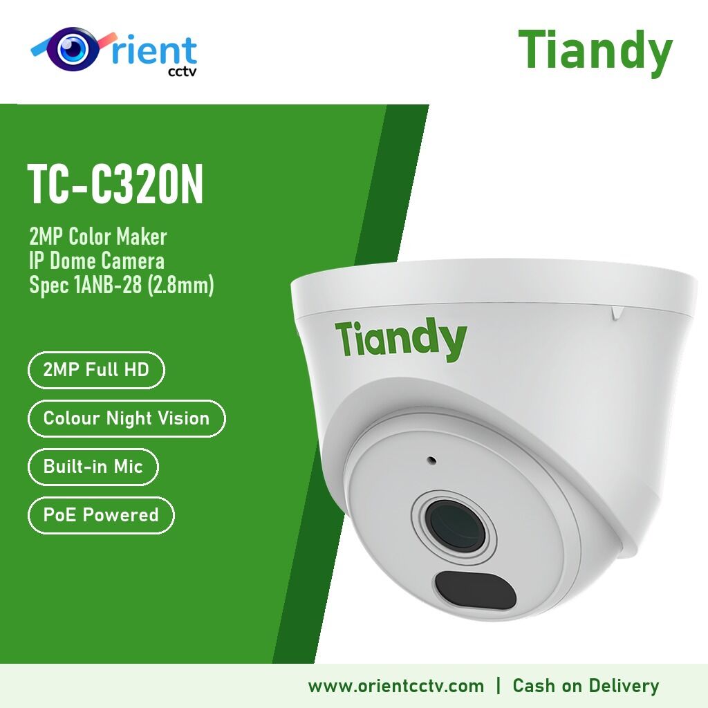 Tiandy TC-C320N 1ANB-28 2MP Color Maker IP Dome Camera | 2.8mm, White Light + 30m IR, Built-in Mic, PoE Tiandy TC-C320N 1ANB-28 2MP Color Maker IP Dome Camera | 2.8mm, White Light + 30m IR, Built-in Mic, PoE