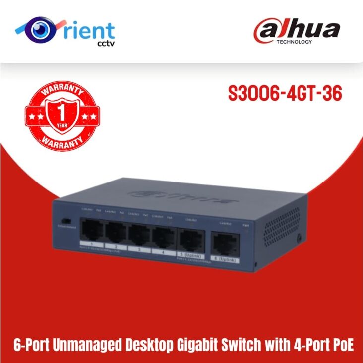 dh-S3006-4ET-36 (8) Dahua S3006-4GT-36 Gigabit PoE Switch 6-Port 4 PoE + 2 Uplink Ports - Image 1