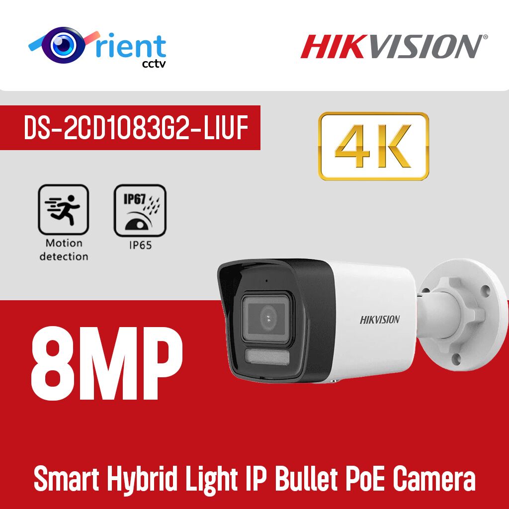 Hikvision DS-2CD1083G2-LIUF 4K 8MP Smart Hybrid Light IP Bullet PoE Camera, H.265+ IP67, Human and Vehicle Detection, Built-in Microphone, Compatible with Hikvision NVR - Image 1