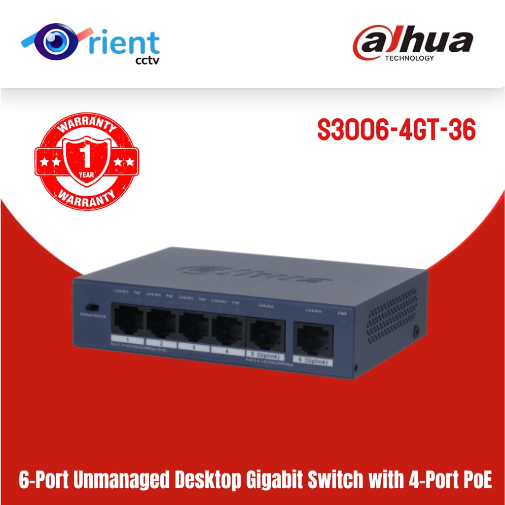 dh-S3006-4ET-36 (8) Dahua S3006-4GT-36 Gigabit PoE Switch 6-Port 4 PoE + 2 Uplink Ports - Image 1