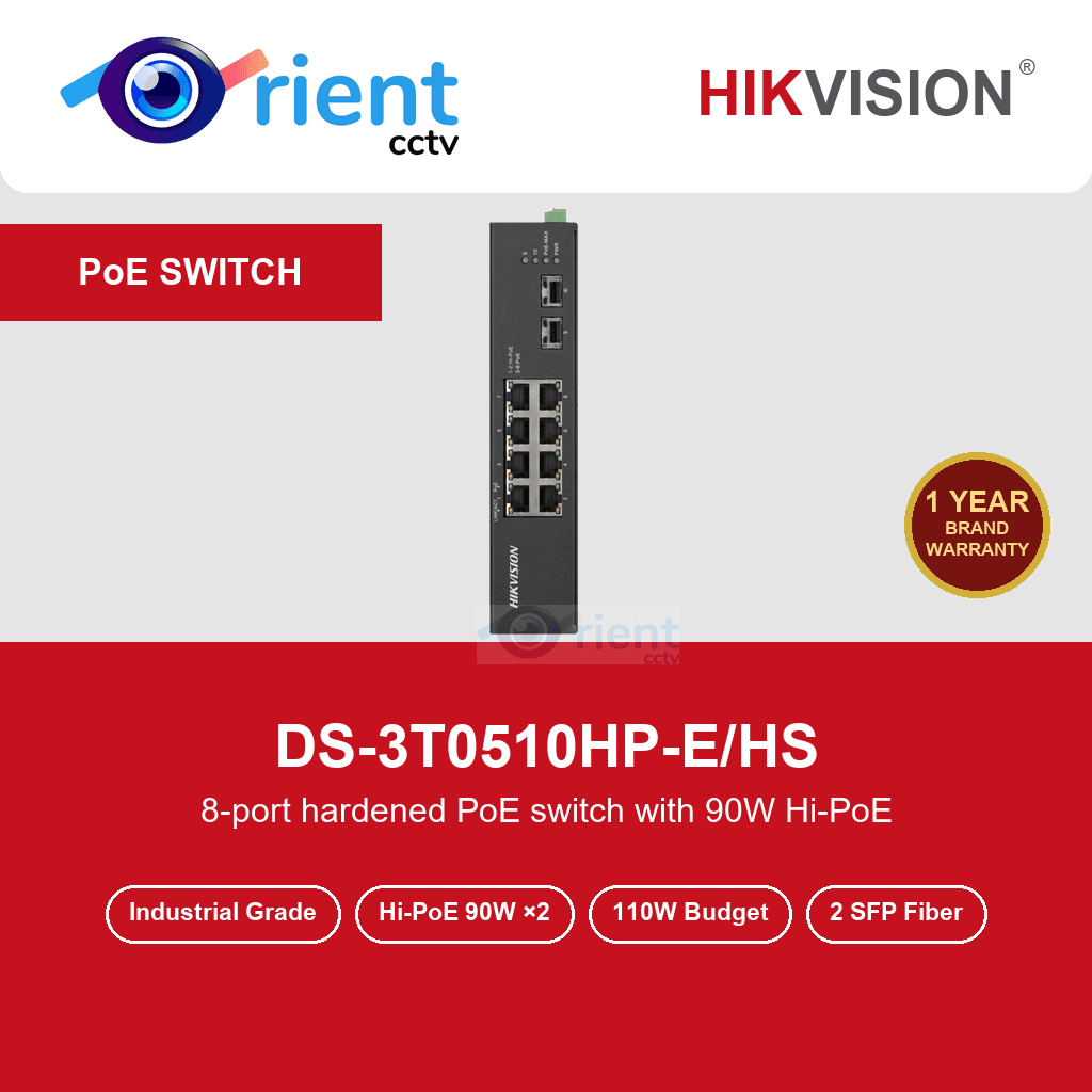 HIKVISION DS-3T0510HP-E/HS Industrial 8 Port Gigabit PoE Switch | 2 Hi-PoE 90W Ports + 2 SFP | 110W | -30°C to 65°C | 300m HIKVISION DS-3T0510HP-E/HS Industrial 8 Port Gigabit PoE Switch | 2 Hi-PoE 90W Ports + 2 SFP | 110W | -30°C to 65°C | 300m