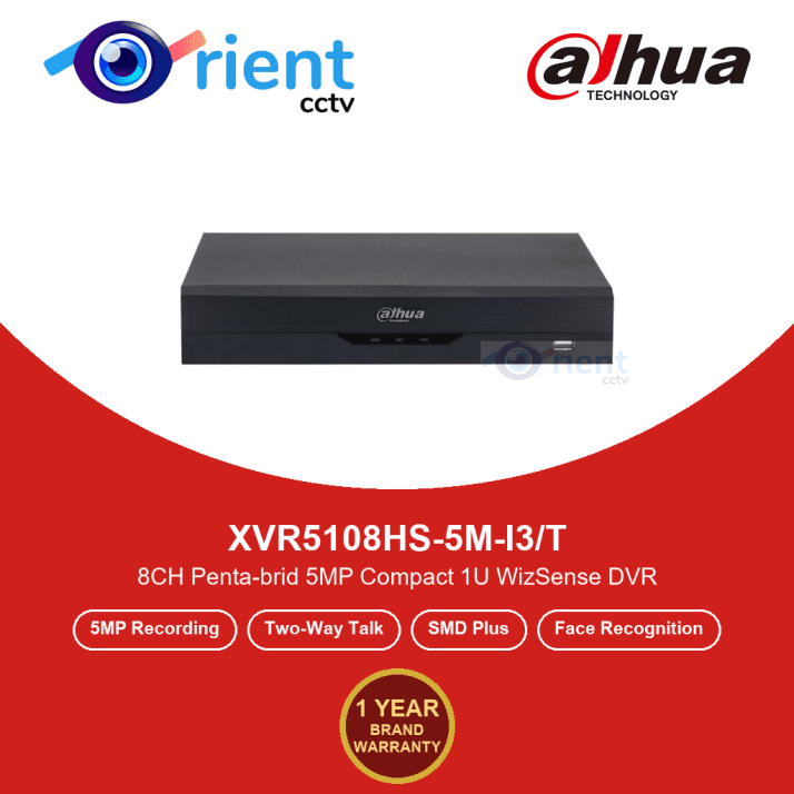 Dahua XVR5108HS-5M-I3/T 8CH 5MP WizSense DVR Price in Pakistan Dahua XVR5108HS-5M-I3/T 8 Channel Penta-brid 5MP DVR | WizSense AI | Two-Way Talk | SMD Plus | Face Recognition | Compact 1U XVR - Image 1