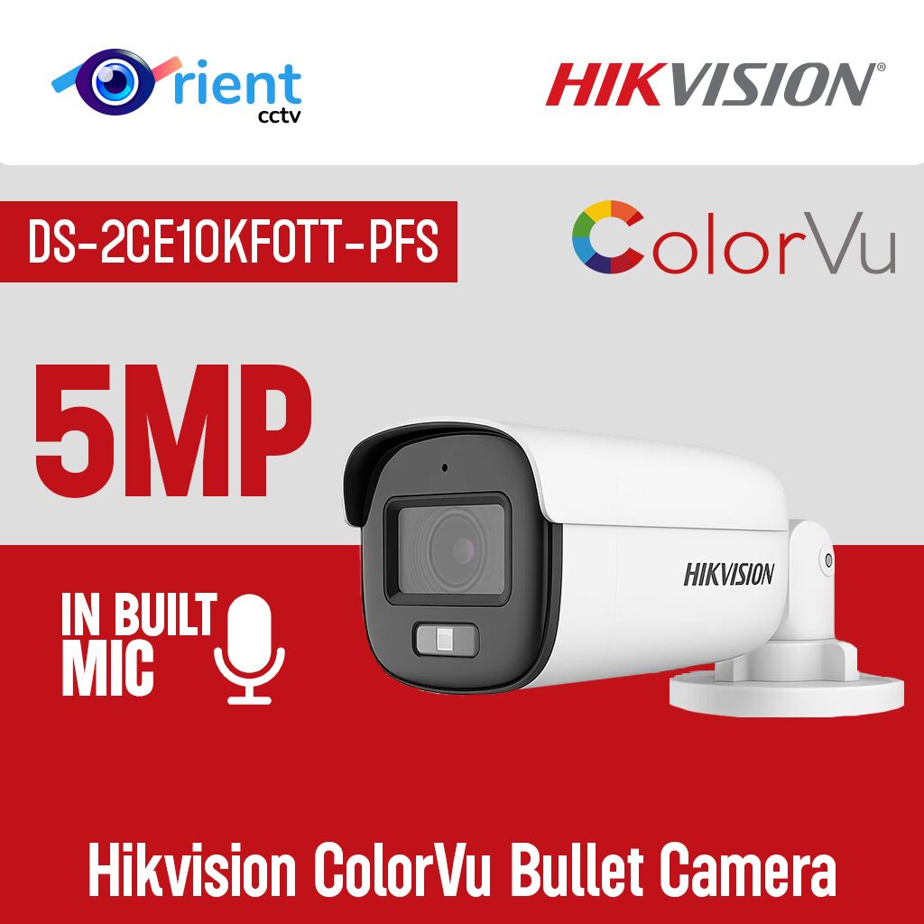 Hikvision 5MP ColorVu Bullet Camera DS-2CE10KF0T-PFS – Inbuilt Mic, Night Vision, IP67 Outdoor CCTV - Image 1