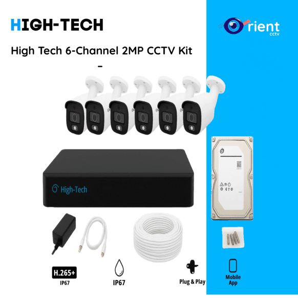 High Tech 6-Channel 2MP CCTV Kit – 6 Bullet Cameras + XVR HT4008 + 500GB HDD | H.265+ | IP67 | Mobile App | Plug & Play – Full HD Security System Pakistan - Image 1