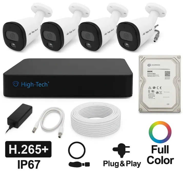 High-Tech 4-Channel Full Color View 2MP CCTV Kit – 4 Bullet Cameras + XVR HT4004 + 500GB HDD | H.265+ | IP67 | Mobile App | Plug & Play – Full HD Security System - Image 1