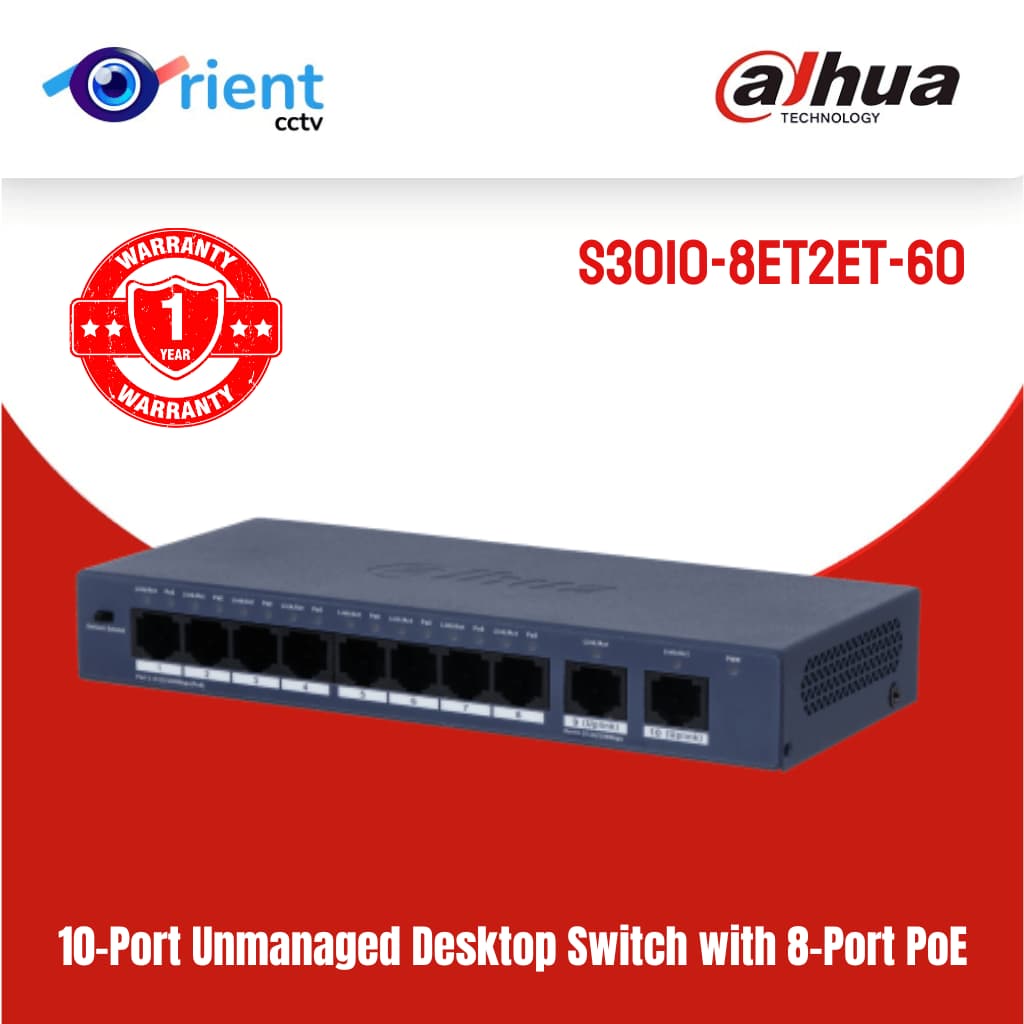 dh-S3006-4ET-36 (3) Dahua S3010-8ET2ET-60 PoE Network Switch with 8 PoE Ports & 2 Uplink Ports 60 watt power budget - Image 1