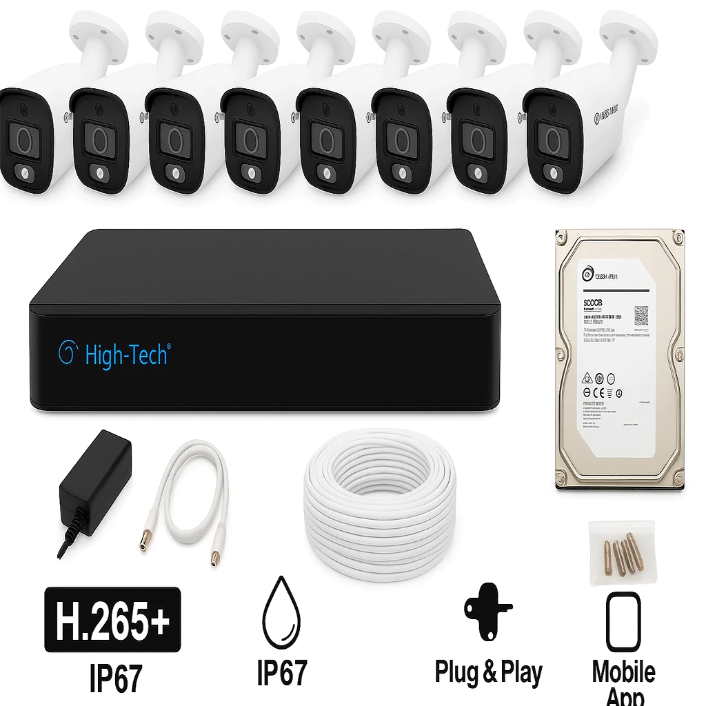 8Ch System main High Tech 8-Channel 2MP CCTV Kit – 8 Bullet Cameras + XVR HT4008 + 500GB HDD | H.265+ | IP67 | Mobile App | Plug & Play – Full HD Security System Pakistan - Image 1