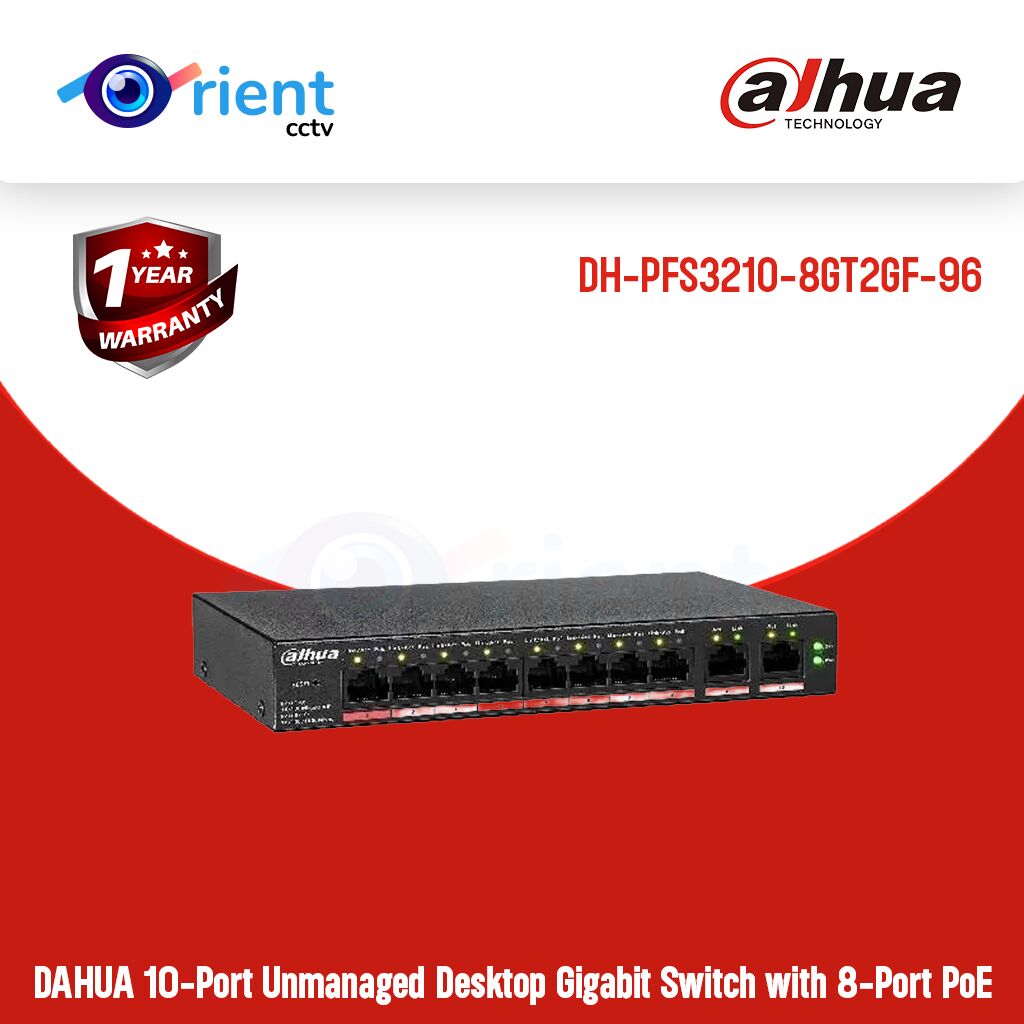 DH-PFS3210-8GT2GF-96 DAHUA 10-Port Unmanaged Desktop Gigabit Switch with 8-Port PoE DH-PFS3210-8GT2GF-96 DAHUA 10-Port Unmanaged Desktop Gigabit Switch with 8-Port PoE