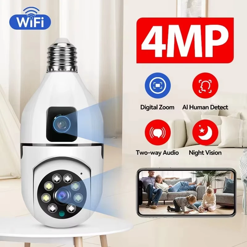 4MP E27 Dual Lens Bulb Camera APP V380 WiFi 1080P Night Vision 360 PTZ Camera Human Tracking CCTV Security Monitor Two Way Talk 1