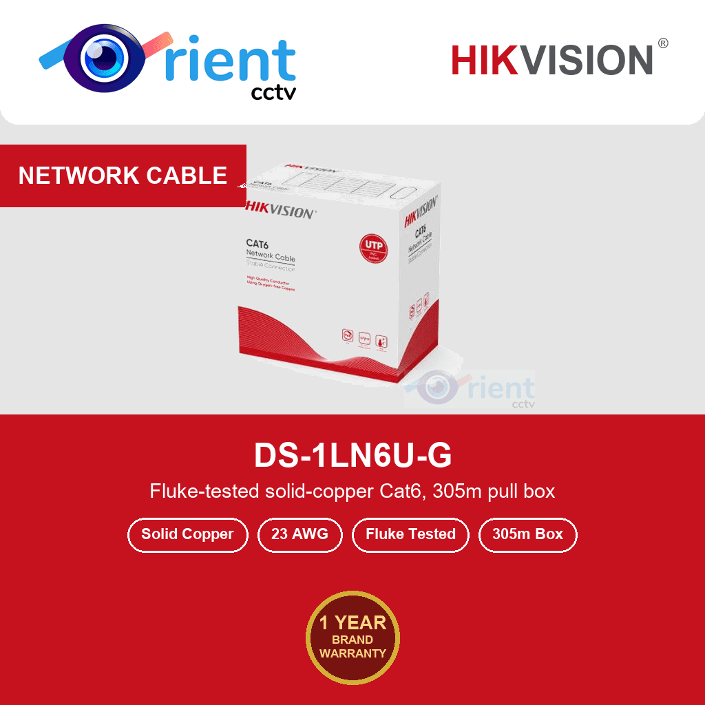 Hikvision DS-1LN6U-G Cat6 UTP Network Cable | 23 AWG Solid Pure Copper | Fluke Tested | 305m Box | Grey Hikvision DS-1LN6U-G Cat6 UTP Network Cable | 23 AWG Solid Pure Copper | Fluke Tested | 305m Box | Grey